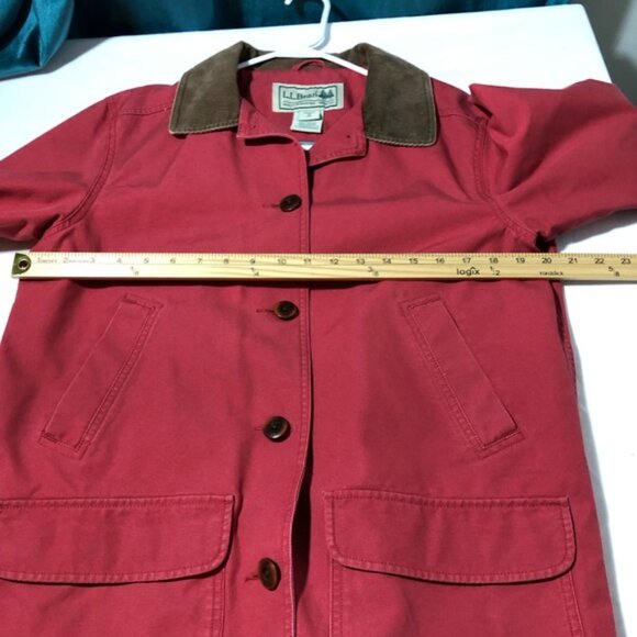 LL Bean womens red canvas chore jacket barn coat sz M corduroy collar cuffs - Picture 8 of 12